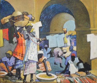 Arthur FOACHE (1871 - 1967) 
Un Marché en Afrique.
Huile sur toile signée en bas...