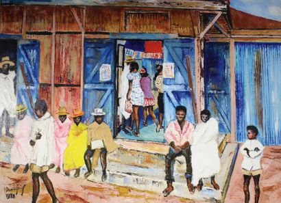 Lucien BEAUJARD (1912 - 2010) 
La boutique au village, 1973.
Huile sur toile signée...