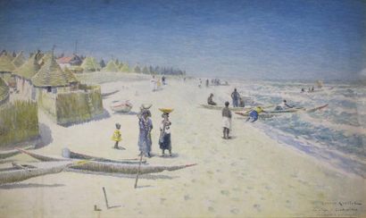 Gaston ROULLET (1847 - 1925) 
La plage de Guet-N'-Dar (Sénégal).
Aquarelle signée...