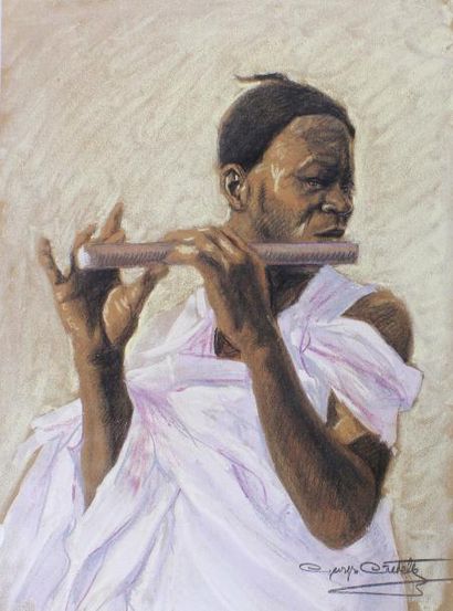 Georges CRETELLE (XIXe - XXe siècle) 
Joueur de flute africain.
Pastel signé en bas...
