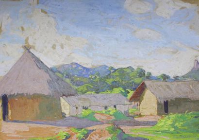 André HERVIAULT (1884 - 1969) 
Village africain avec paillotte.
Gouache datée en...