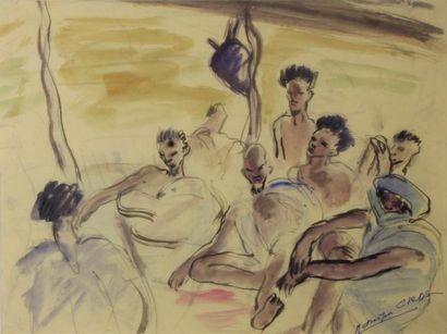 Monique CRAS (1910 - 2007) 
Assemblée d'hommes assis.
Aquarelle signée en bas à droite.
25...