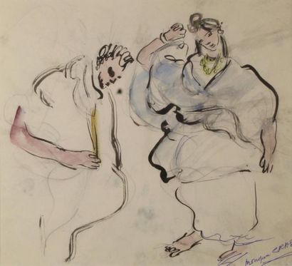 Monique CRAS (1910 - 2007) 
Danseurs.
Aquarelle et encre signée en bas à droite.
25...