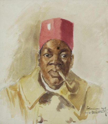 T. MAILLARD (?) 
Portrait d'homme à la pipe.
Aquarelle et crayon sur papier, signé,...