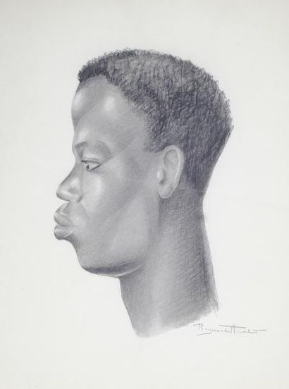 Raymonde HEUDEBERT (1905-1991) 
Portrait de jeune Africain en buste de profil.
Fusain...