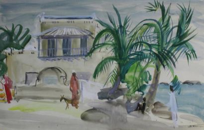 Elisabeth FAURE (1906 - 1964) 
Maisons en bord de mer.
Aquarelle gouachée signée...