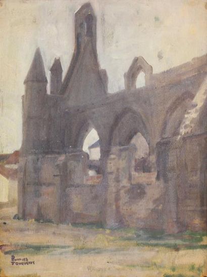 Charles FOUQUERAY (1869 - 1956) 
Vues d'abbayes.
Deux huiles sur panneau. Cachet...