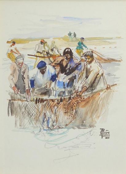 Charles FOUQUERAY (1869 - 1956) 
La remontée des filets (Projet d'illustration).
Aquarelle...