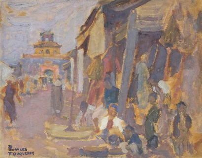 Charles FOUQUERAY (1869 - 1956) 
Ruelle marchande à Hue, 1921.
Huile sur panneau....