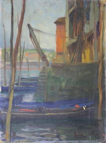 Charles FOUQUERAY (1869 - 1956) 
Les docks.
Huile sur panneau. Cachet de l'atelier...