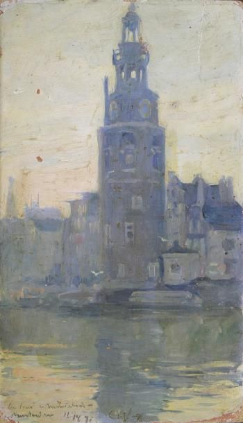 Charles FOUQUERAY (1869 - 1956) 
La tour de Montelbans à Amsterdam circa 1897.
Huile...