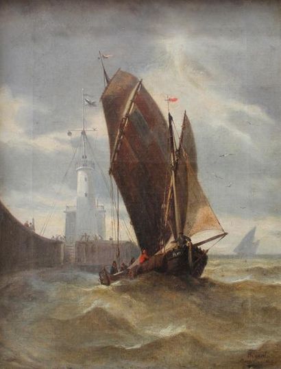 BENARD XIXe siècle 
Entrée du port de Boulogne sur Mer.
Huile sur toile, signée en...