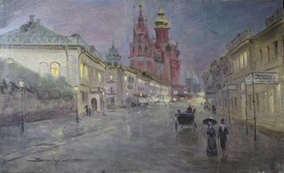 École RUSSE du XXe siècle 
Vue de ville la nuit.
Huile sur toile signée en bas à...