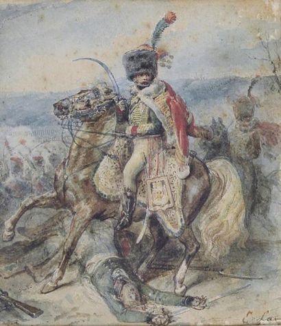 Eugène Louis LAMI (1800-1890) 
Le Hussard.
Aquarelle signée en bas à droite.
13 x...
