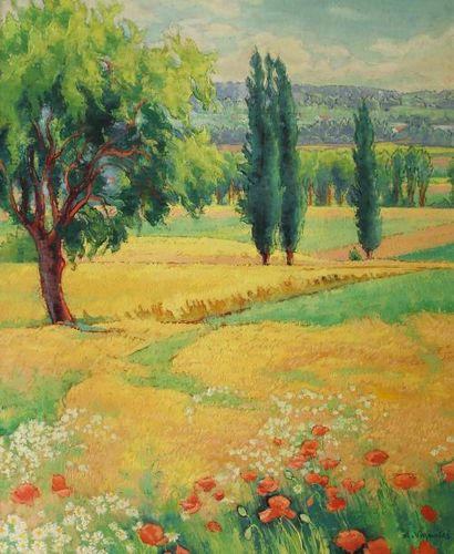 André VIGNOLES (né en 1920) 
Champs fleuris près de Montfort, Var.
Huile sur toile...