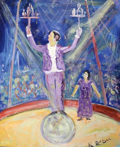 Roland DUBUC (1924-1998) 
Equilibriste au cirque.
Huile sur toile signée en bas à...