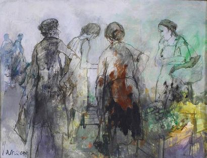 JEAN JANSEM (1920-2013) 
Quatre au marché.
Huile sur toile signée en bas à gauche...
