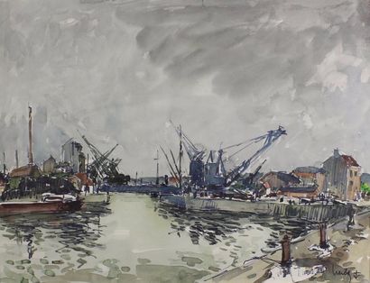 Fernand HERBO (1905-1995) 
Le port d'Honfleur.
Aquarelle signée en bas à droite.
Vue:...