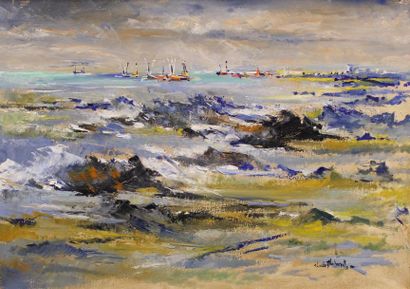 Claude THIBERVILLE (né en 1926) 
La sortie des thoniers à Saint Guénolé.
Huile sur...