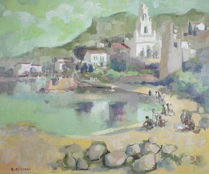 Henri PLISSON (1908-2002) 
Le bord du lac.
Huile sur toile signée en bas à gauche.
Titrée...
