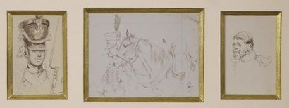 Edouard DETAILLE (1848-1912) 
Soldats et cavalier.
Trois dessins à l'encre et lavis...