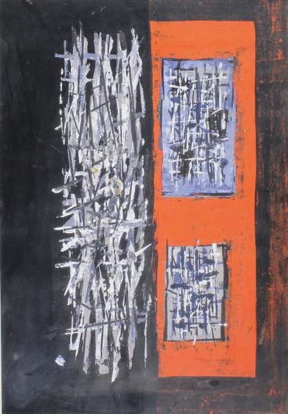Jean SIGNOVERT (1919-1981) 
Composition sur fond rouge et noir, 1958.
Gouache signée...