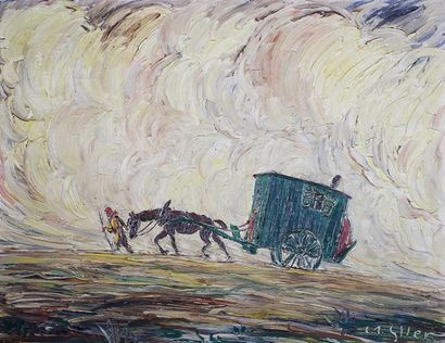 LUCIEN ELLER (1894-1940) 
La roulotte.
Huile sur toile signée en bas à droite.
48...