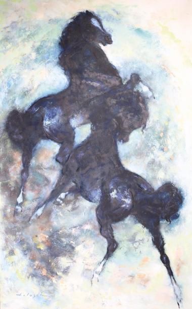 DENES DE HOLESCH (1910-1983) 
Deux chevaux.
Huile sur isorel.
50 x 79 cm.
