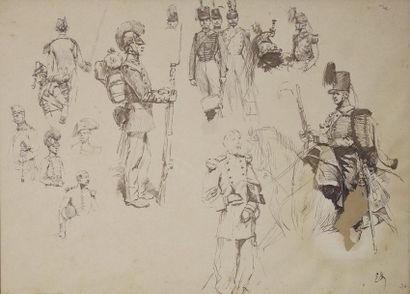 Edouard DETAILLE (1848-1912) 
Etudes de soldats dont chevau-légers.
Dessin à l'encre...