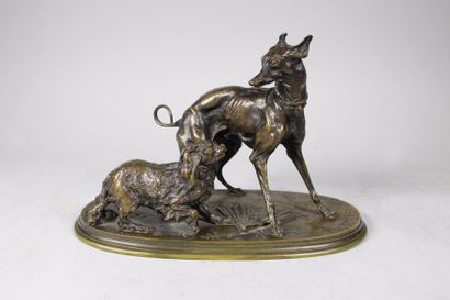 Pierre-Jules Mene (1810-1879) 
Levrette et King Charles.
Epreuve en bronze à patine...