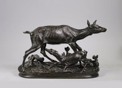 Jules Moigniez (1835-1894) 
Chevreuil et son chevreau.
Epreuve en bronze à patine...