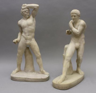 Ecole du XIXe 
Les lutteurs
Deux scultptures en albâtre d'après l'antique.
Hauteurs:...