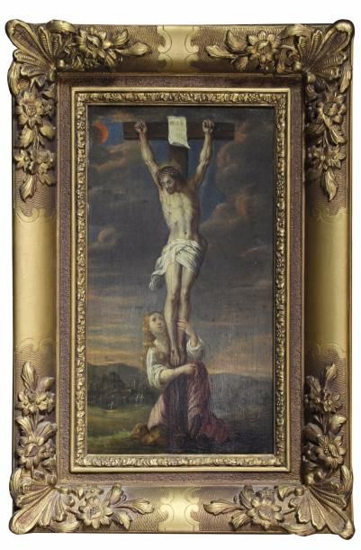 École française vers 1650 
Madeleine aux pieds du Christ.
Panneau de chêne parqueté.
31...