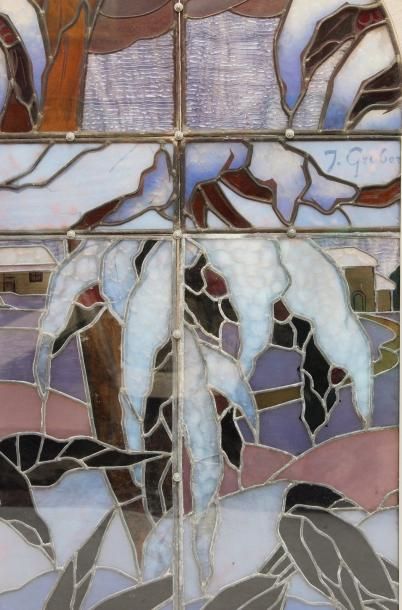 Jacques Gruber (1870-1936) 
Important vitrail remonté en 6 parties à décor d'oiseaux...