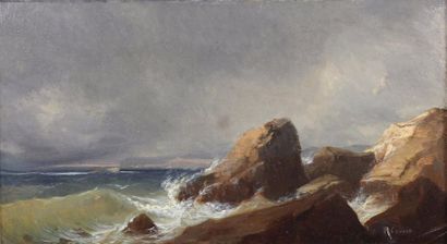 Edouard Louis CAUVIN (1817-1900) 
Les rochers près de Toulon.
Huile sur carton signé...