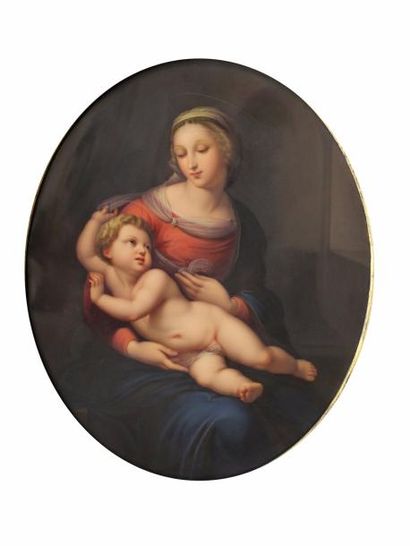 RAPHAEL (d'après) 
Vierge à l'enfant.
Peinture sur porcelaine à vue ovale.
A vue...
