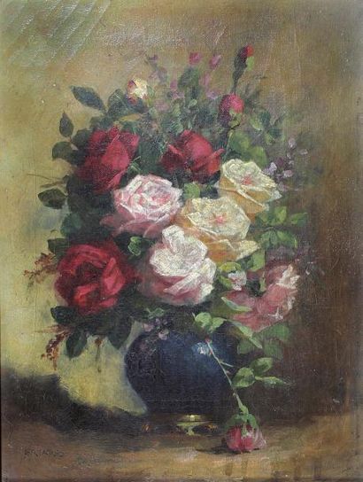 École du XIXe siècle 
Nature morte au bouquet de rose.
Huile sur toile signée en...