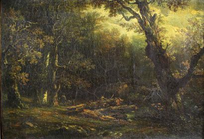 ADRIEN LAVIEILLE (1848-1920) 
Chasseur dans les sous-bois.
Huile sur toile signée...