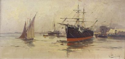 Eugène GALIEN-LALOUE (1854-1941) 
Paquebot et voiliers au port
Huile sur panneau...