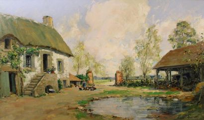 Paul Emile LECOMTE (1877-1950) 
Une cour de ferme.
Huile sur toile signée en bas...
