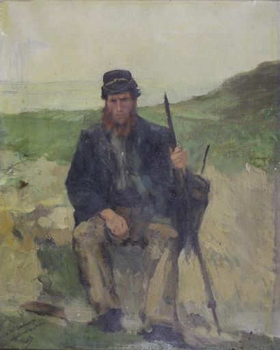 Alfred Philippe ROLL (1846-1919) 
Portrait de marcheur assis.
Huile sur toile, signée...