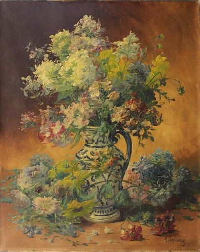 Edmond Van COPPENOLLE (1846-1914) 
Bouquet de fleurs dans un pichet.
Huile sur toile...