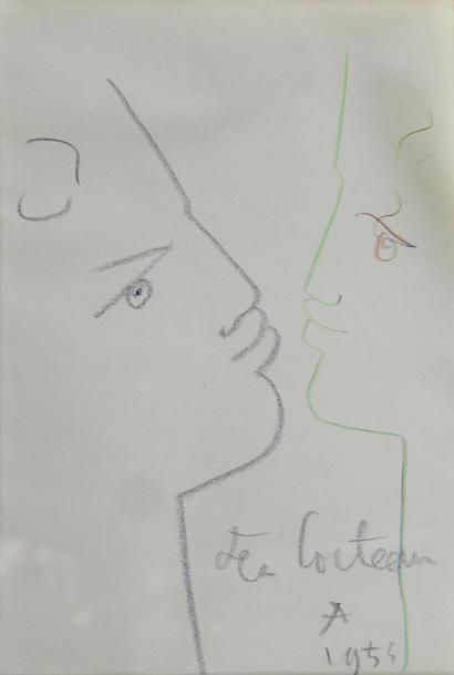 Jean COCTEAU (1889-1963) 
Deux visages, 1954.
Dessin aux crayons de couleur signé...
