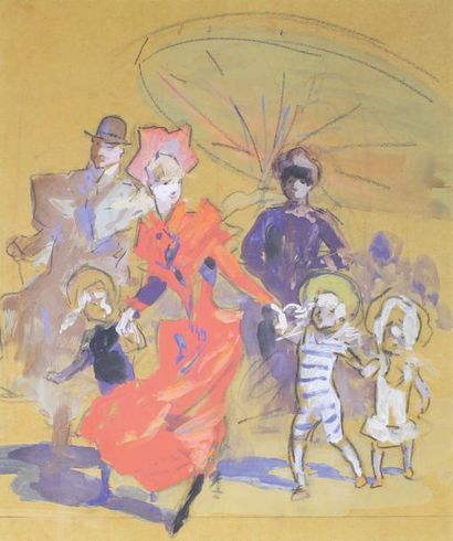 Jules CHÉRET (1836-1932) (attribué à) 
Elégante à la robe rouge (projet d'affiche).
Gouache.
38...