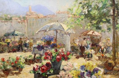 Georges LAPCHINE (1885-1950/51) 
Nice, le marché aux fleurs.
Huile sur toile signée...