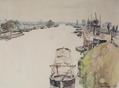 null Le port de Gennevilliers, 1926.
Aquarelle signée, située et datée en bas à droite.
25,5...