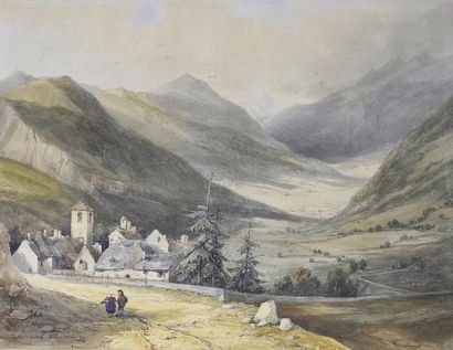 Justin Pierre OUVRIÉ (1806-1879) 
Paysage de montagne, 1832.
Aquarelle signée et...
