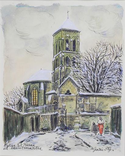 Gazi LE TATAR (1900-1975) 
Eglise Saint Pierre à Montmartre sous la neige.
Aquarelle...