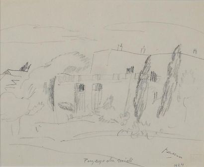 Jules PASCIN (1885-1930) 
Paysage du midi, 1924.
Dessin au crayon gras signé et daté...