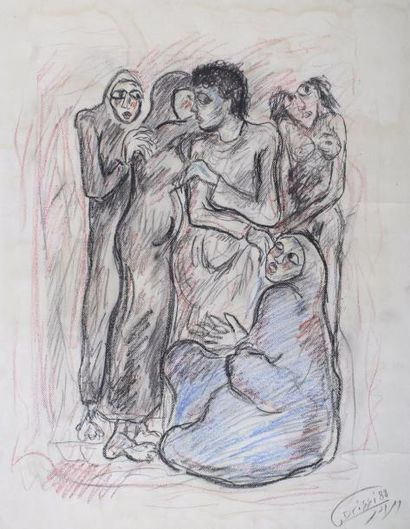 Mohamed DRISSI (1946 - 2003) 
Désespoir, 1988.
Crayons gras signé en bas à droite....
